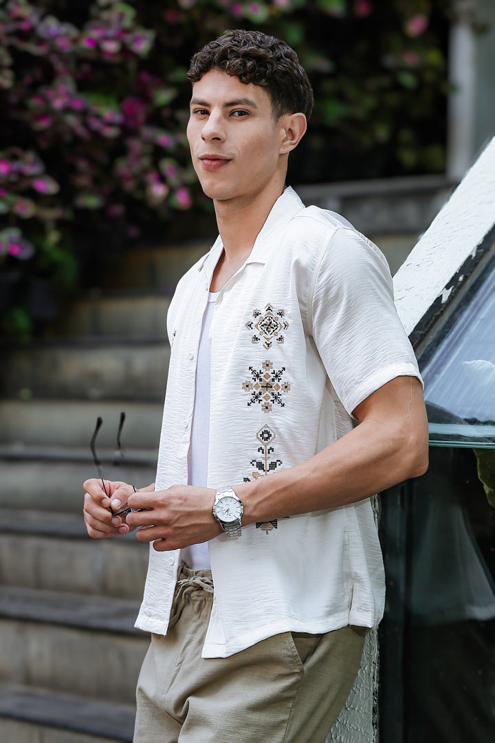 Conventional Embroidery Textured Fabric Shirt