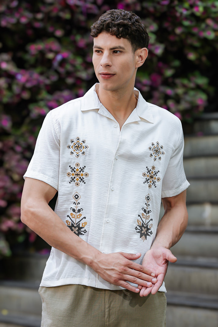 Conventional Embroidery Textured Fabric Shirt