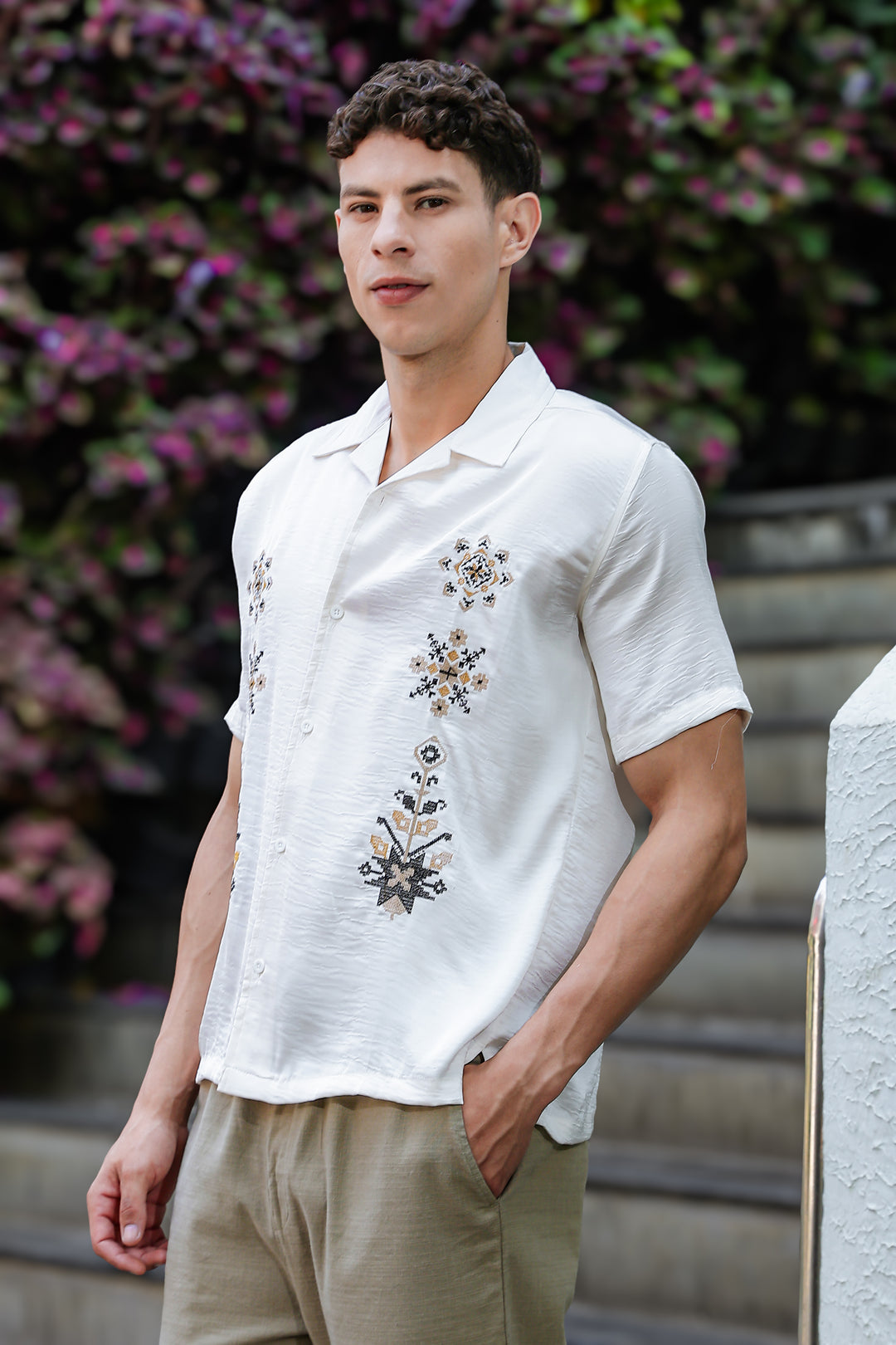 Conventional Embroidery Textured Fabric Shirt