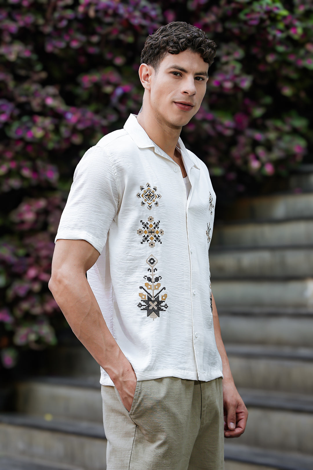 Conventional Embroidery Textured Fabric Shirt