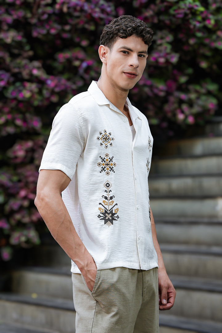 Conventional Embroidery Textured Fabric Shirt