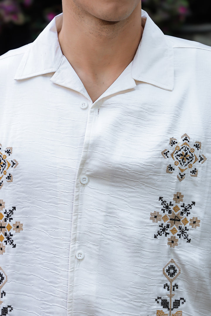 Conventional Embroidery Textured Fabric Shirt