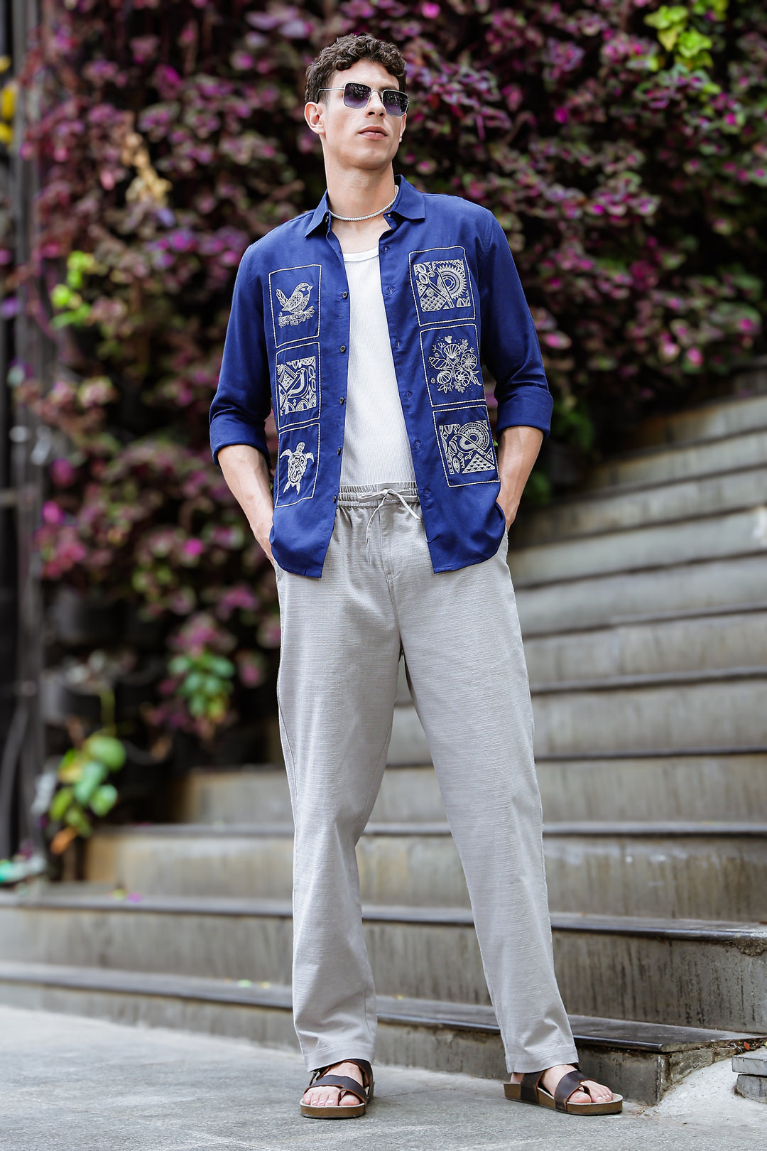 Embroidery : Structure Blue Linen Shirt