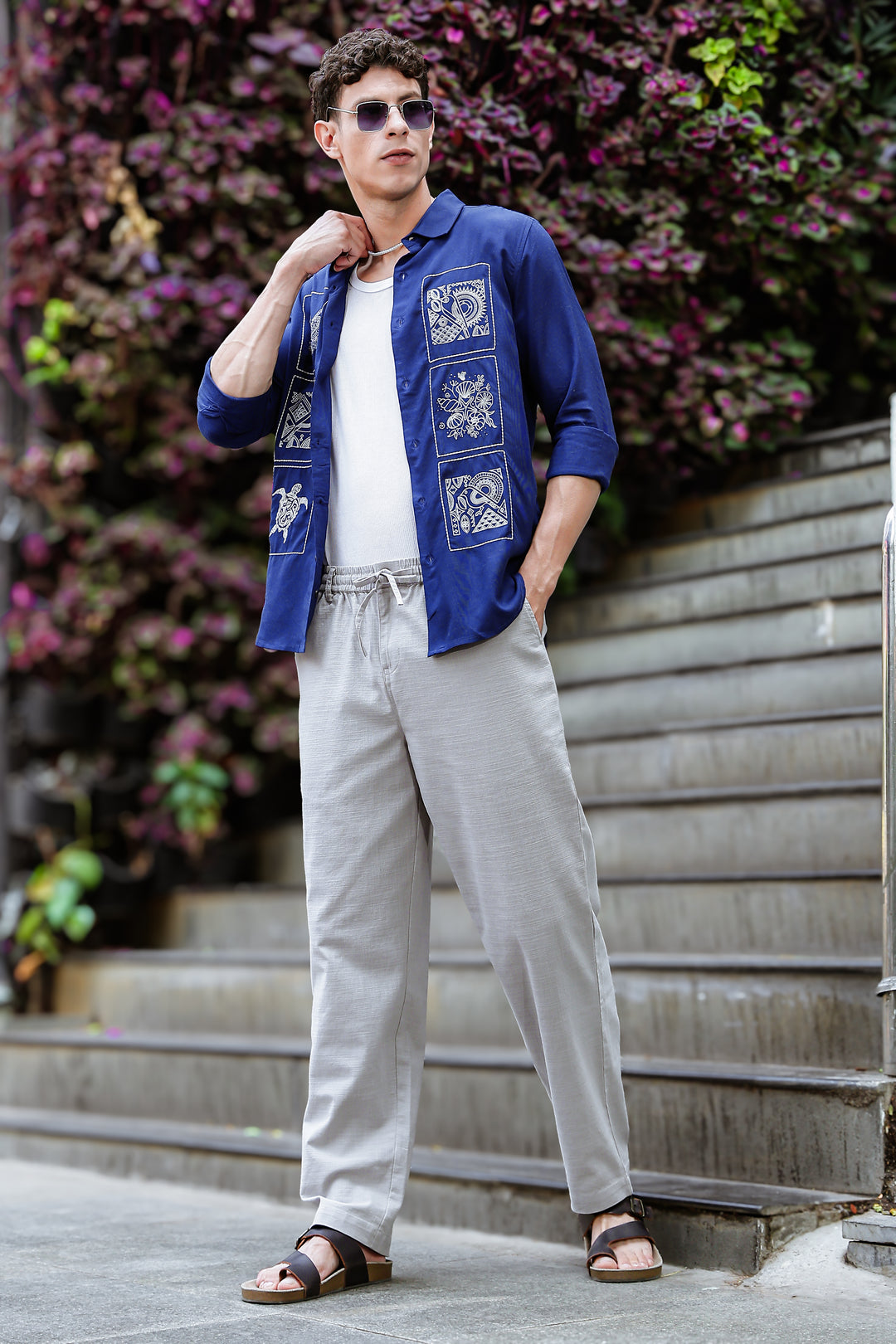 Embroidery : Structure Blue Linen Shirt