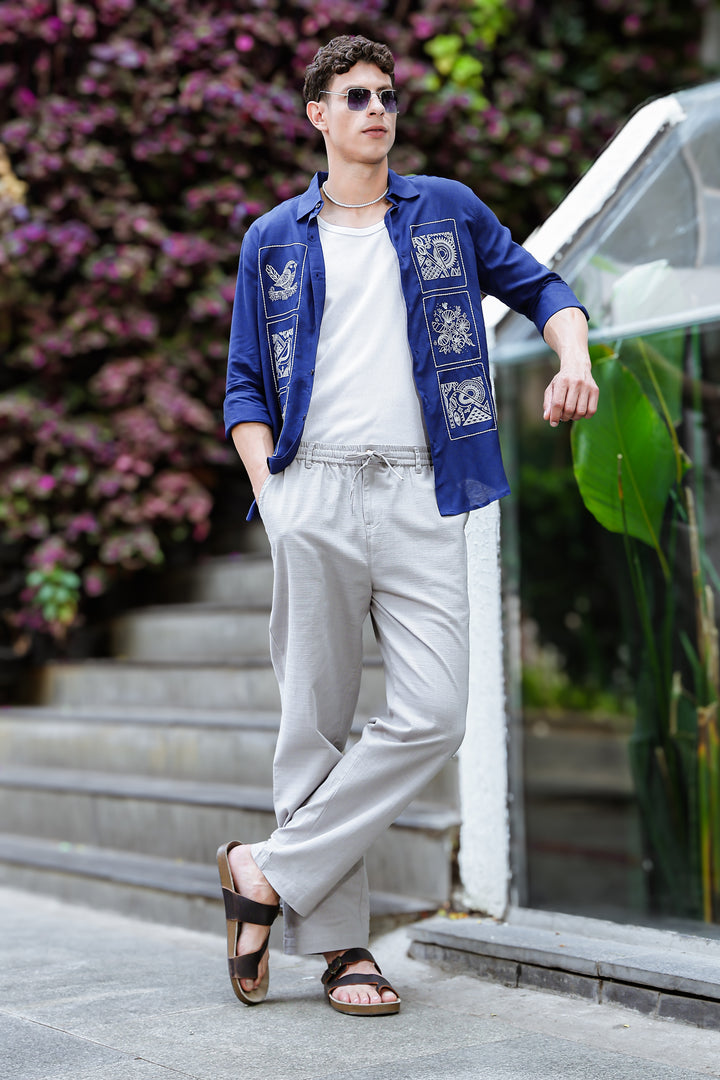 Embroidery : Structure Blue Linen Shirt