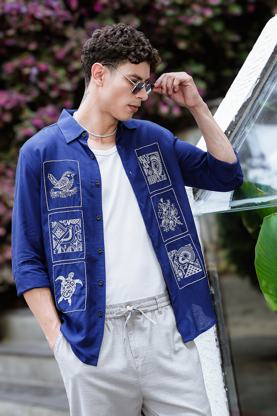 Embroidery : Structure Blue Linen Shirt