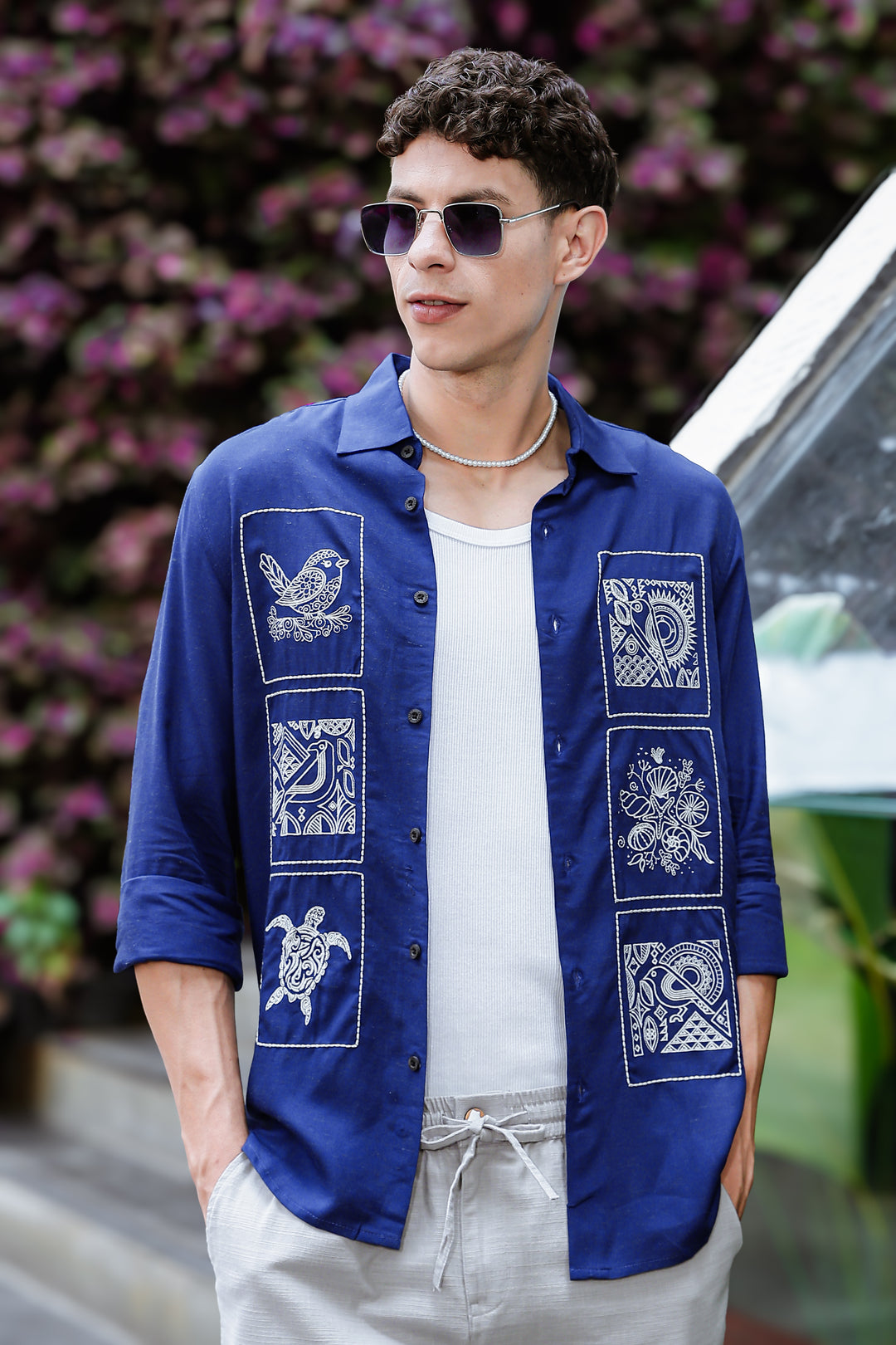 Embroidery : Structure Blue Linen Shirt