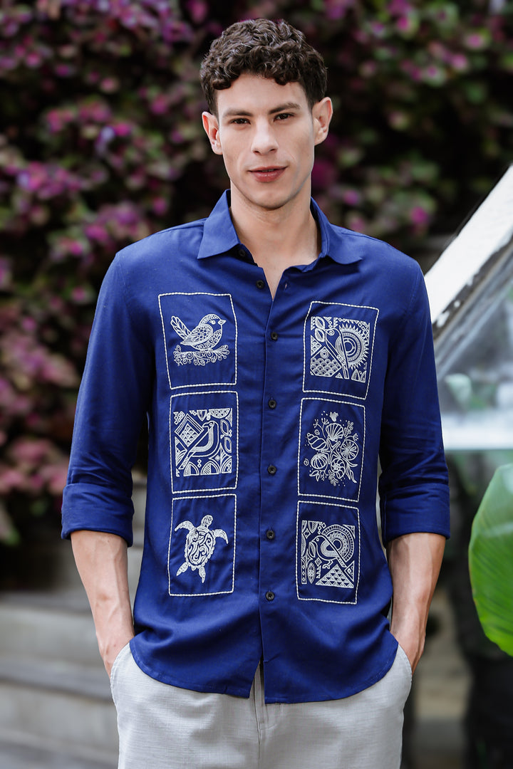 Embroidery : Structure Blue Linen Shirt
