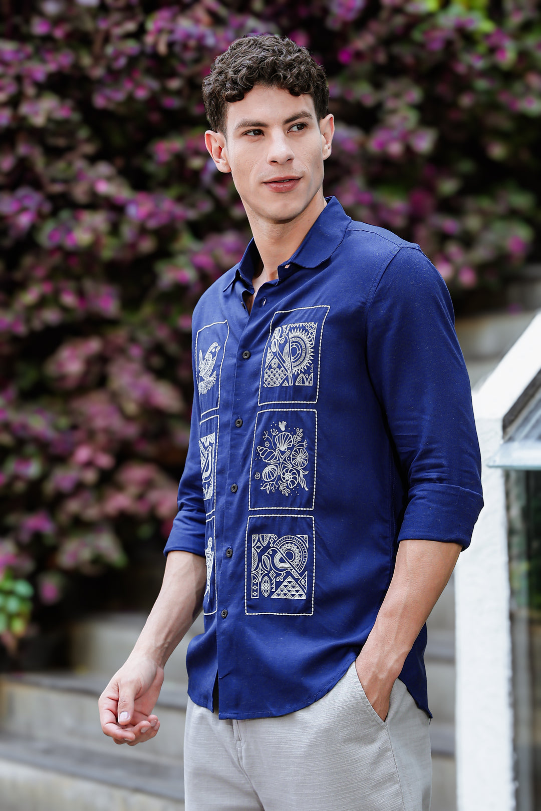 Embroidery : Structure Blue Linen Shirt
