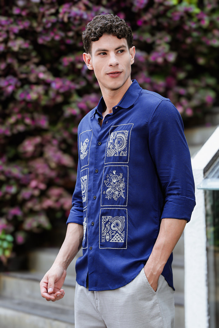 Embroidery : Structure Blue Linen Shirt