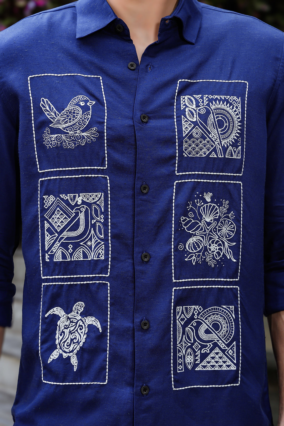 Embroidery : Structure Blue Linen Shirt