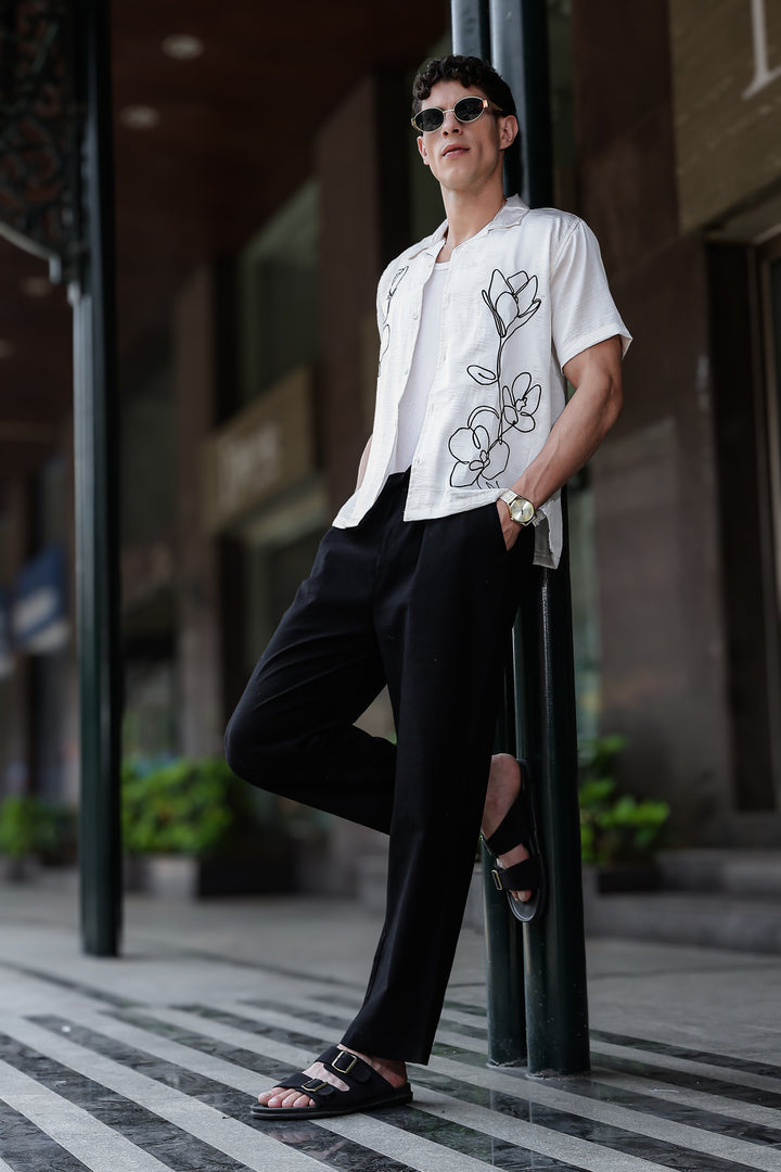 Sacred lotus : Embroidery Textured Fabric Cuban Shirt