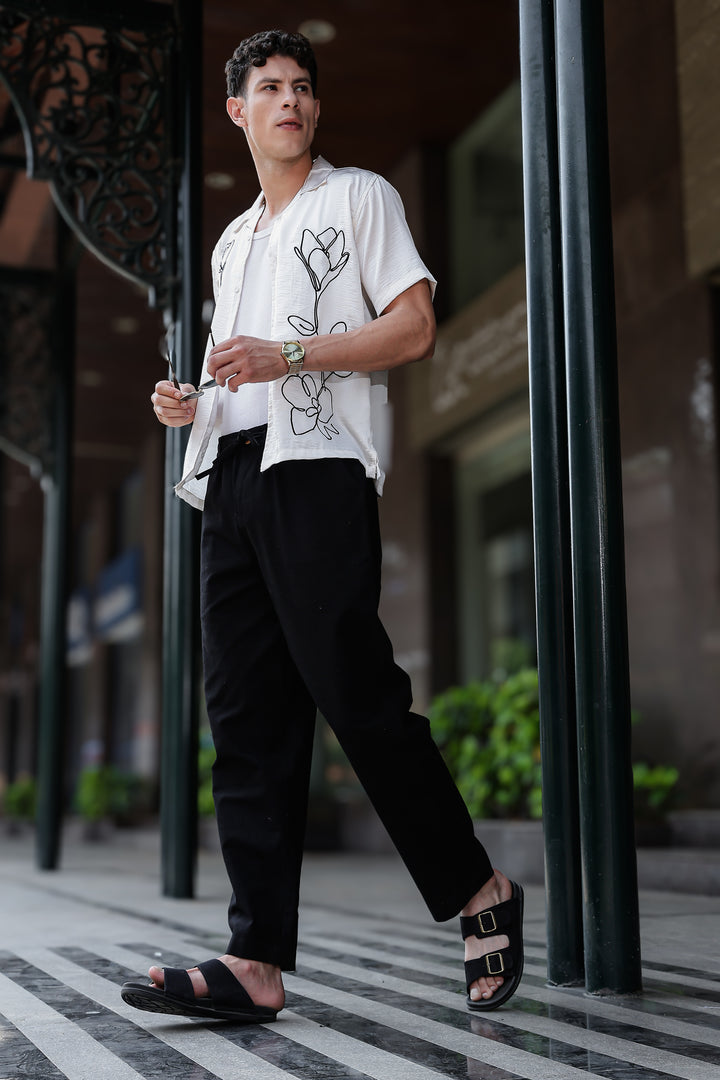Sacred lotus : Embroidery Textured Fabric Cuban Shirt