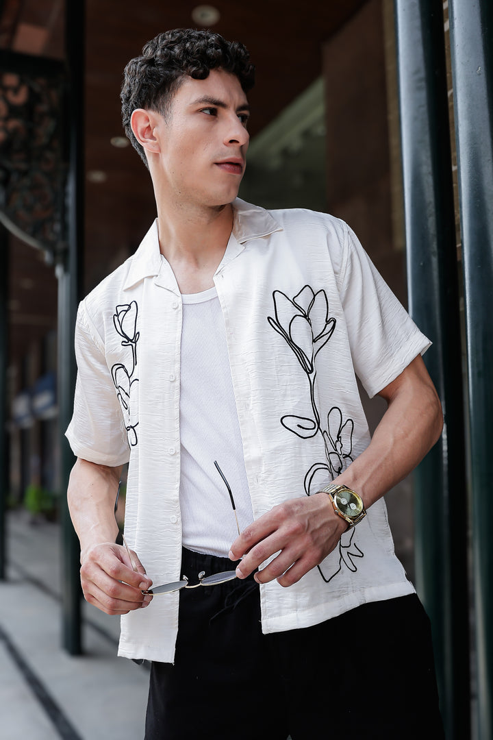 Sacred lotus : Embroidery Textured Fabric Cuban Shirt