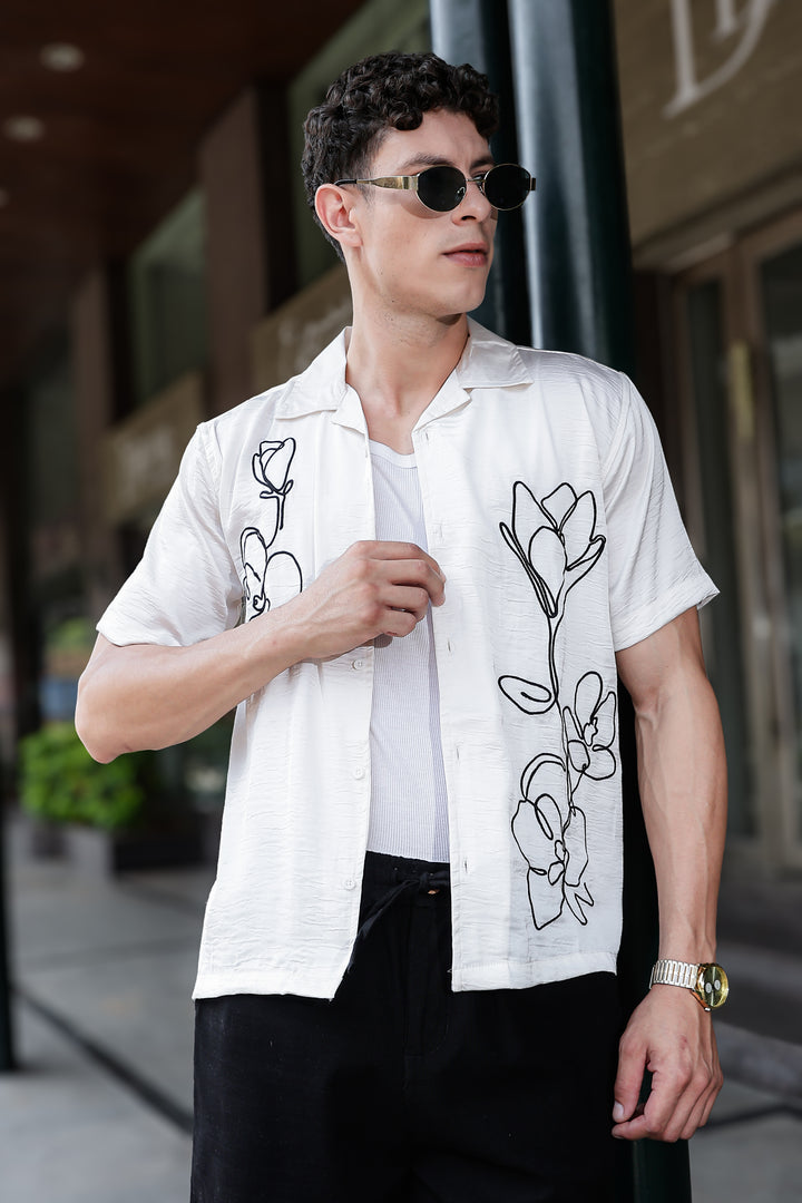 Sacred lotus : Embroidery Textured Fabric Cuban Shirt