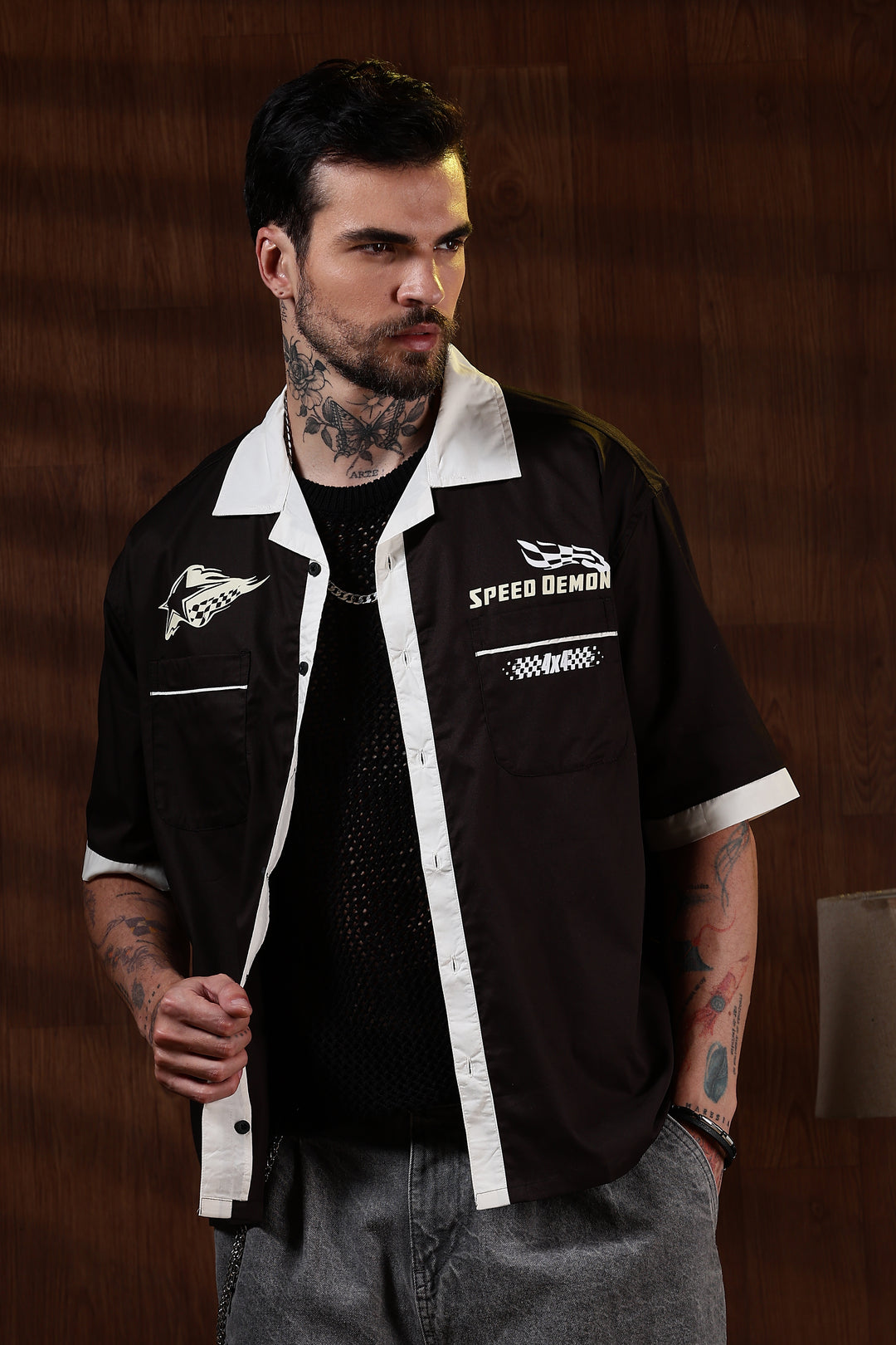 Racing: Brown Oversized Cotton Shirt