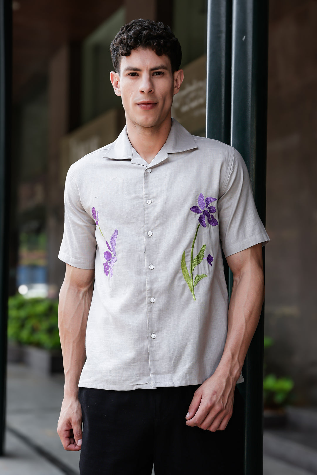 Turkish Flower Embroidery Grey Linen Shirt