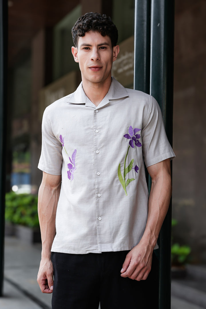 Turkish Flower Embroidery Grey Linen Shirt