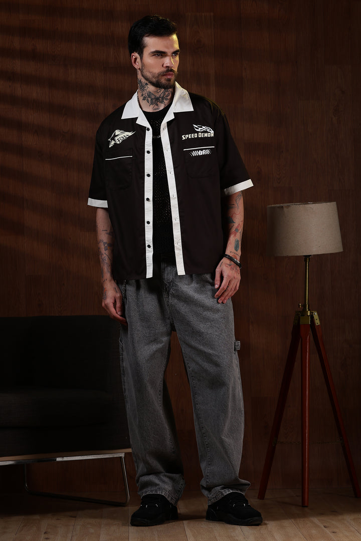 Racing: Brown Oversized Cotton Shirt