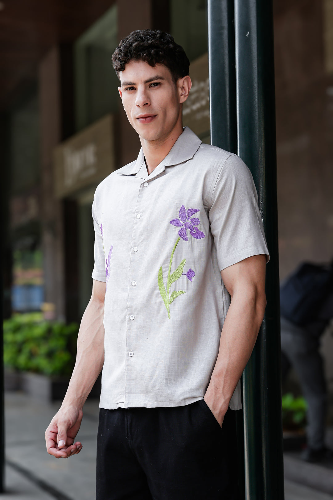 Turkish Flower Embroidery Grey Linen Shirt