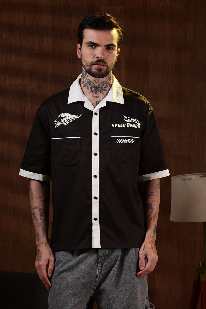 Racing: Brown Oversized Cotton Shirt