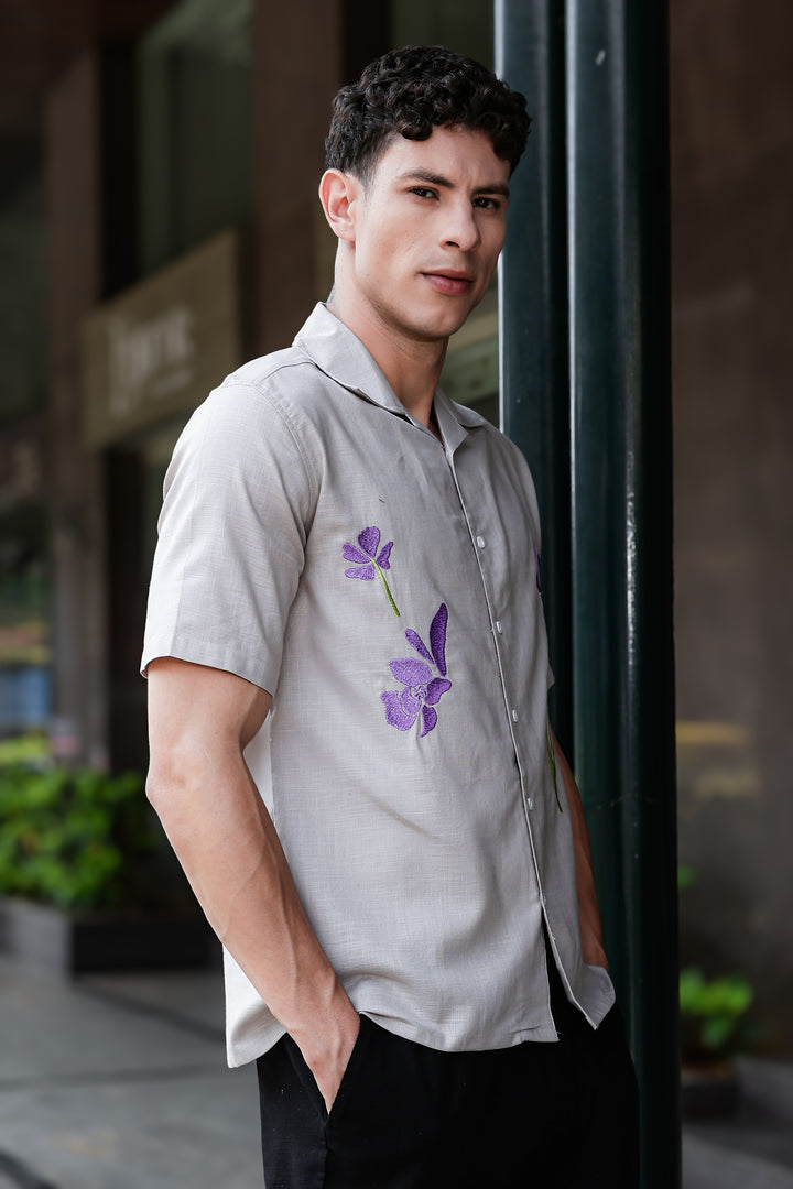 Turkish Flower Embroidery Grey Linen Shirt