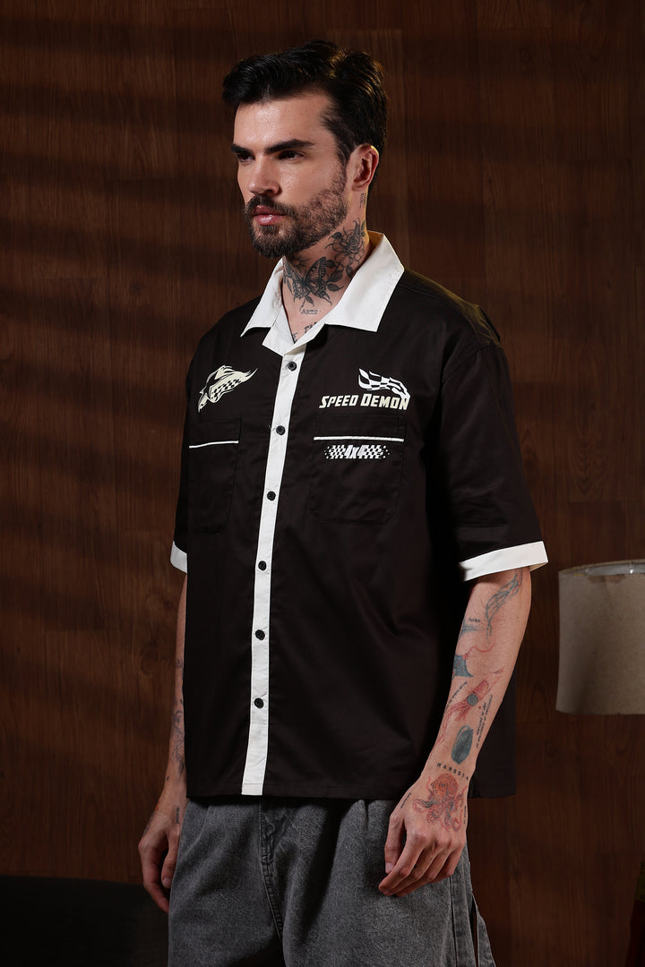 Racing: Brown Oversized Cotton Shirt