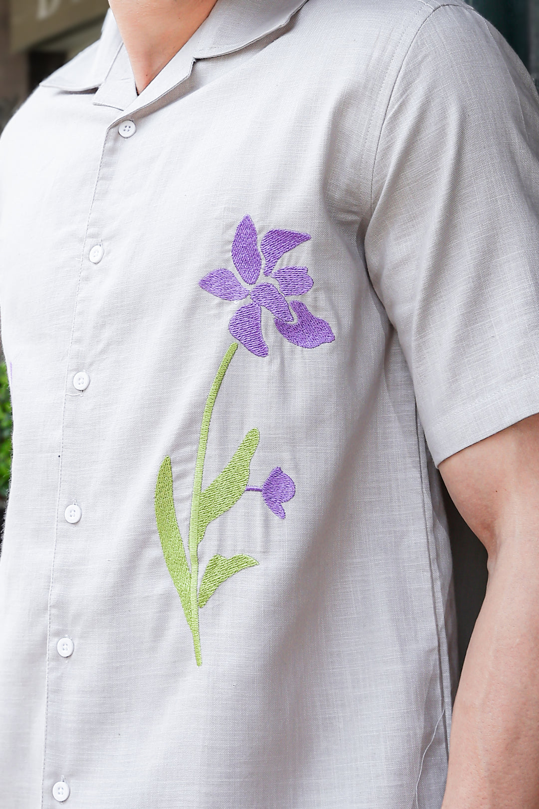 Turkish Flower Embroidery Grey Linen Shirt