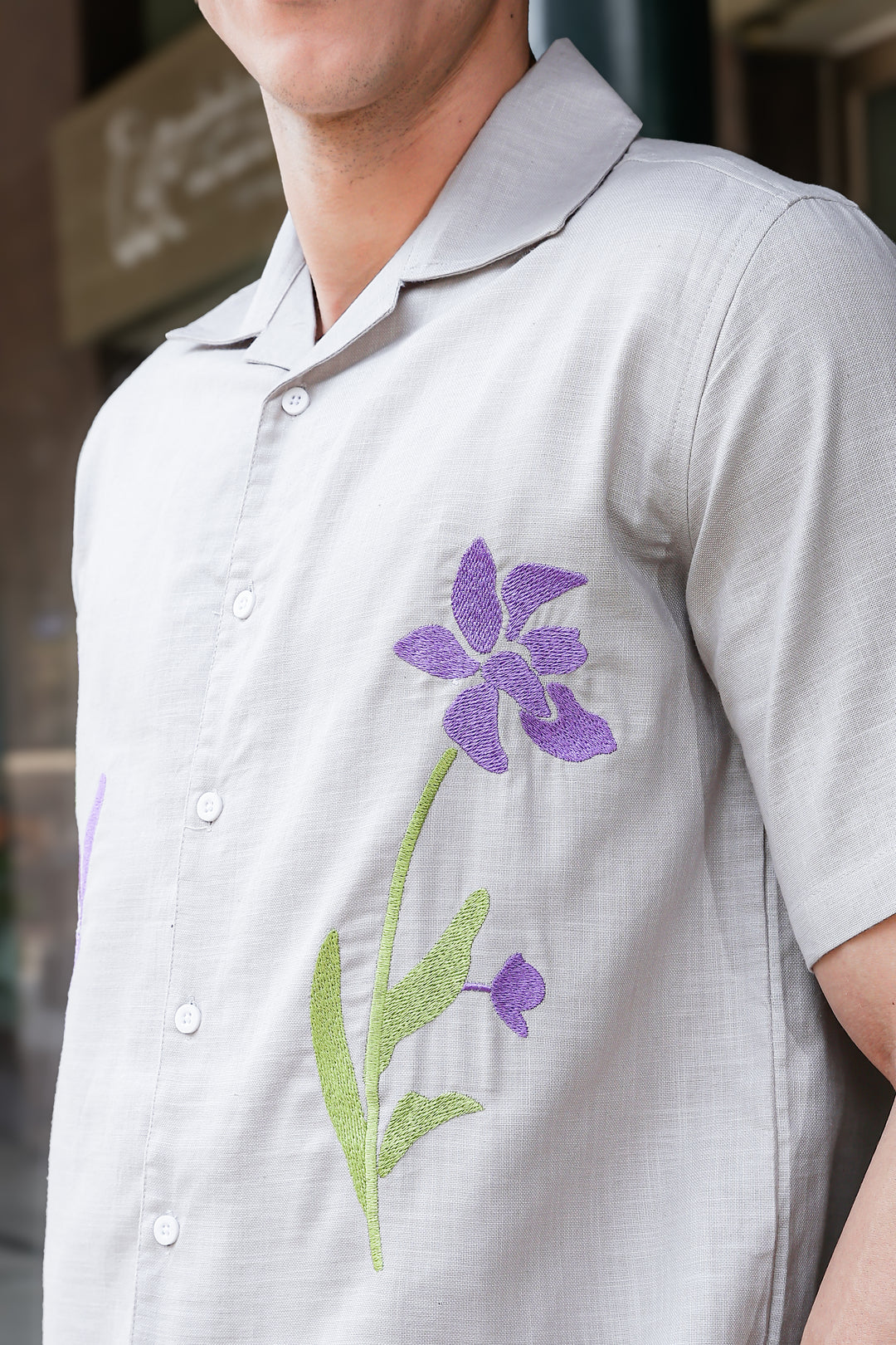 Turkish Flower Embroidery Grey Linen Shirt