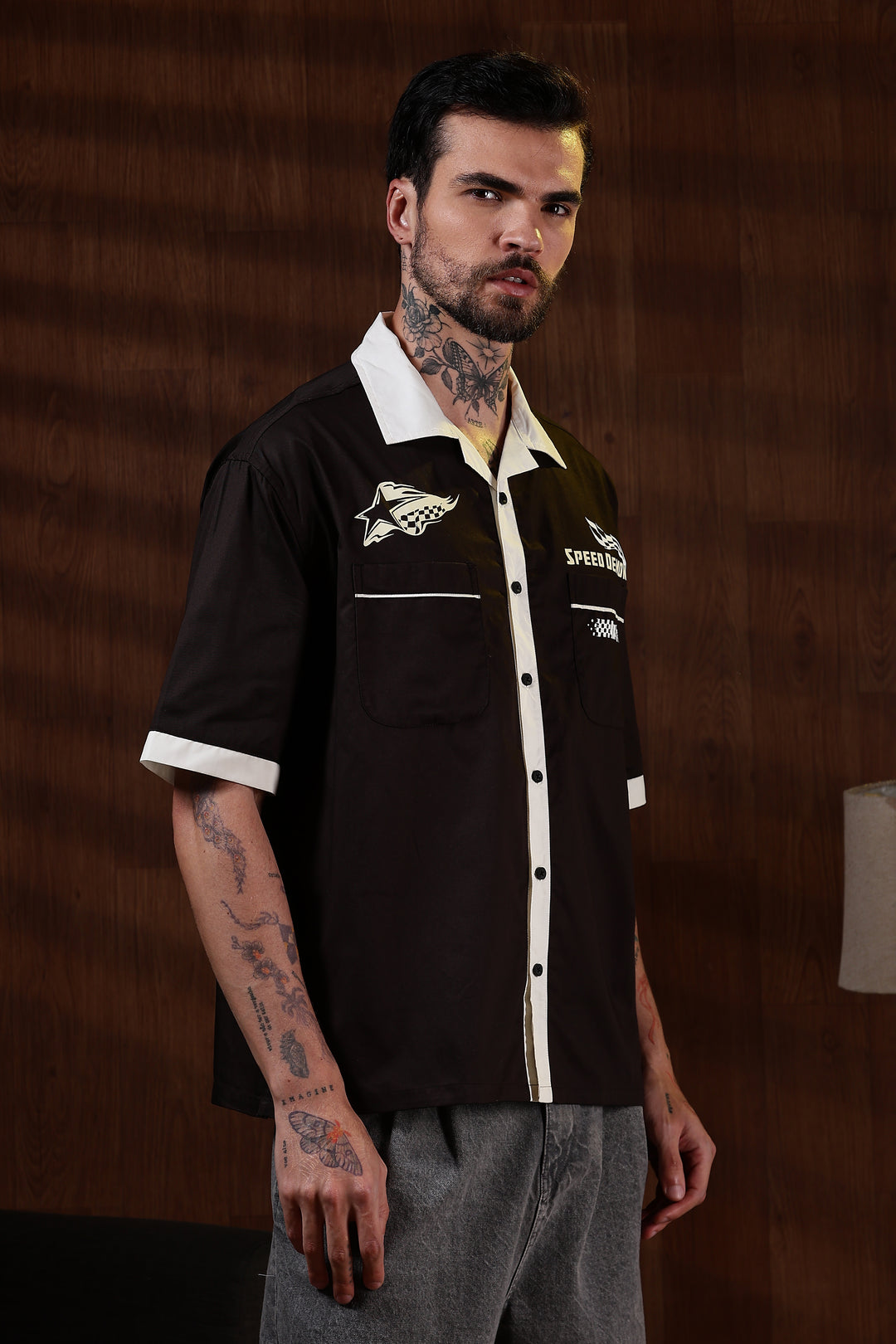 Racing: Brown Oversized Cotton Shirt