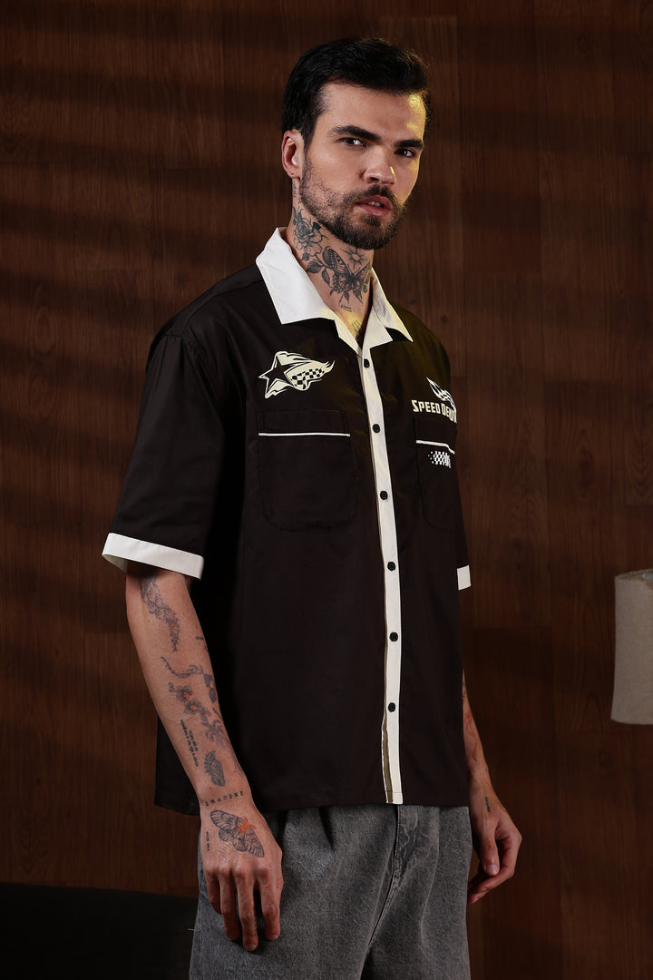 Racing: Brown Oversized Cotton Shirt