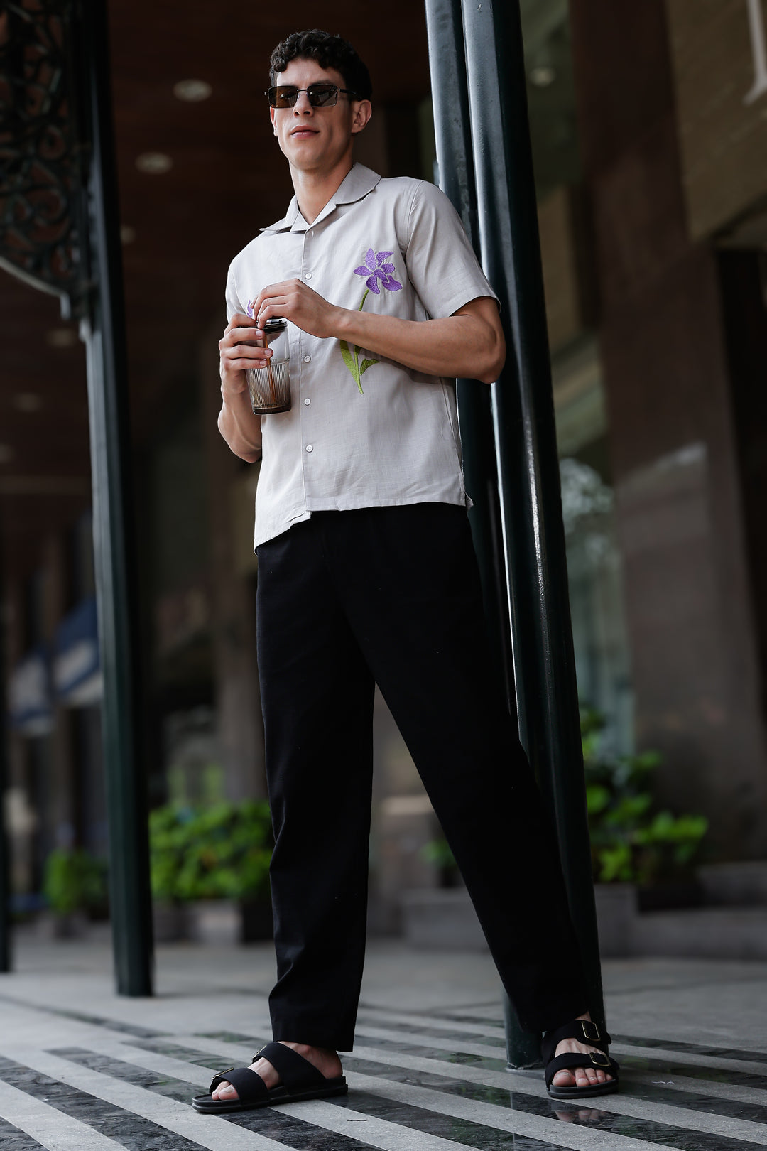 Turkish Flower Embroidery Grey Linen Shirt