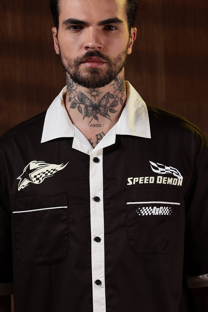 Racing: Brown Oversized Cotton Shirt