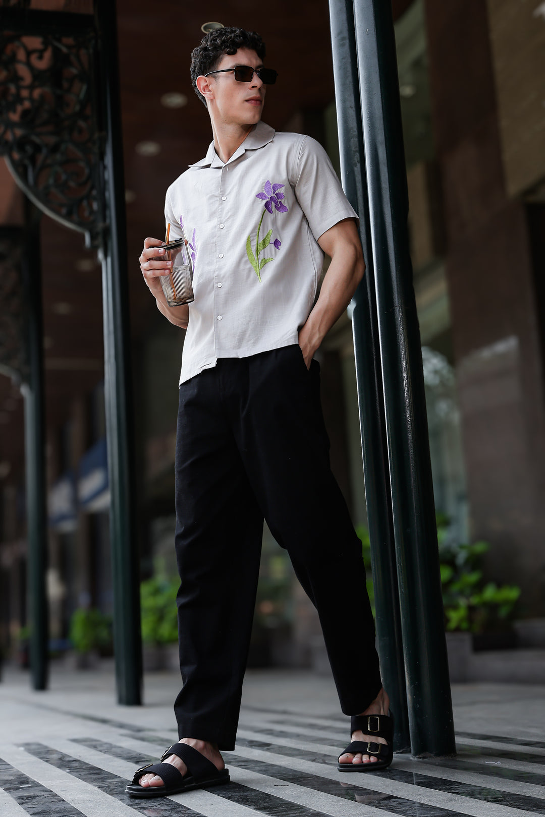 Turkish Flower Embroidery Grey Linen Shirt