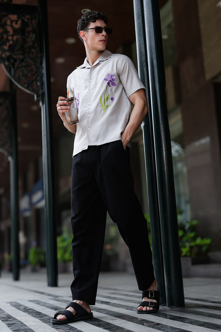 Turkish Flower Embroidery Grey Linen Shirt