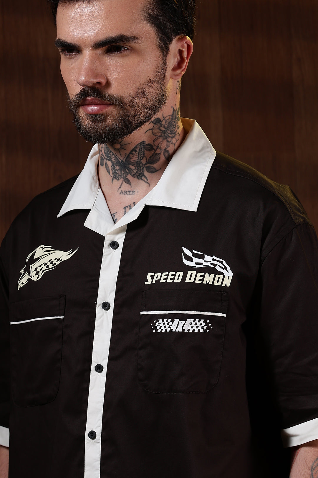 Racing: Brown Oversized Cotton Shirt