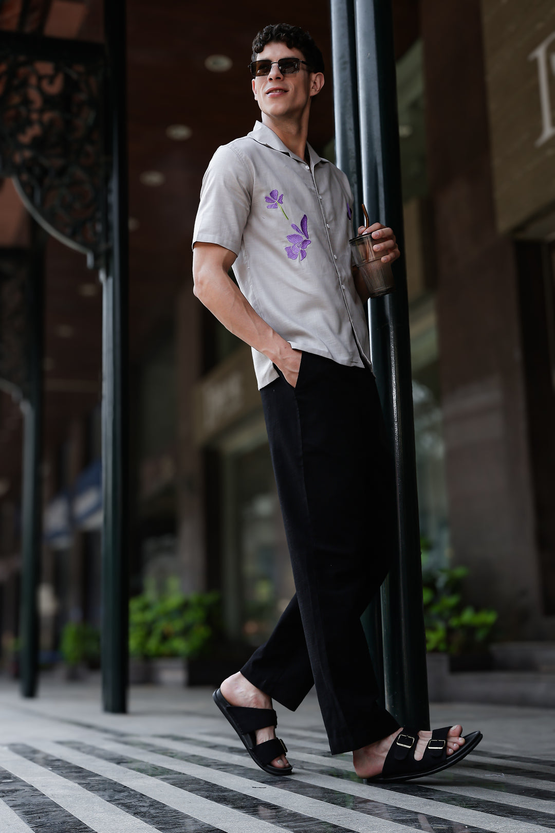 Turkish Flower Embroidery Grey Linen Shirt