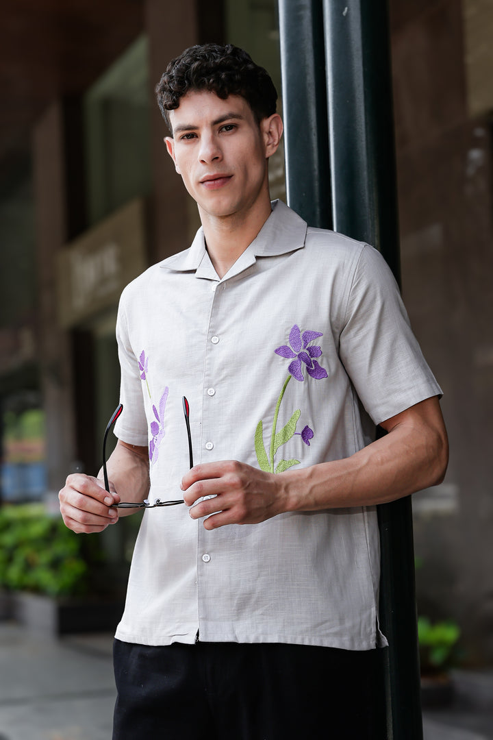 Turkish Flower Embroidery Grey Linen Shirt