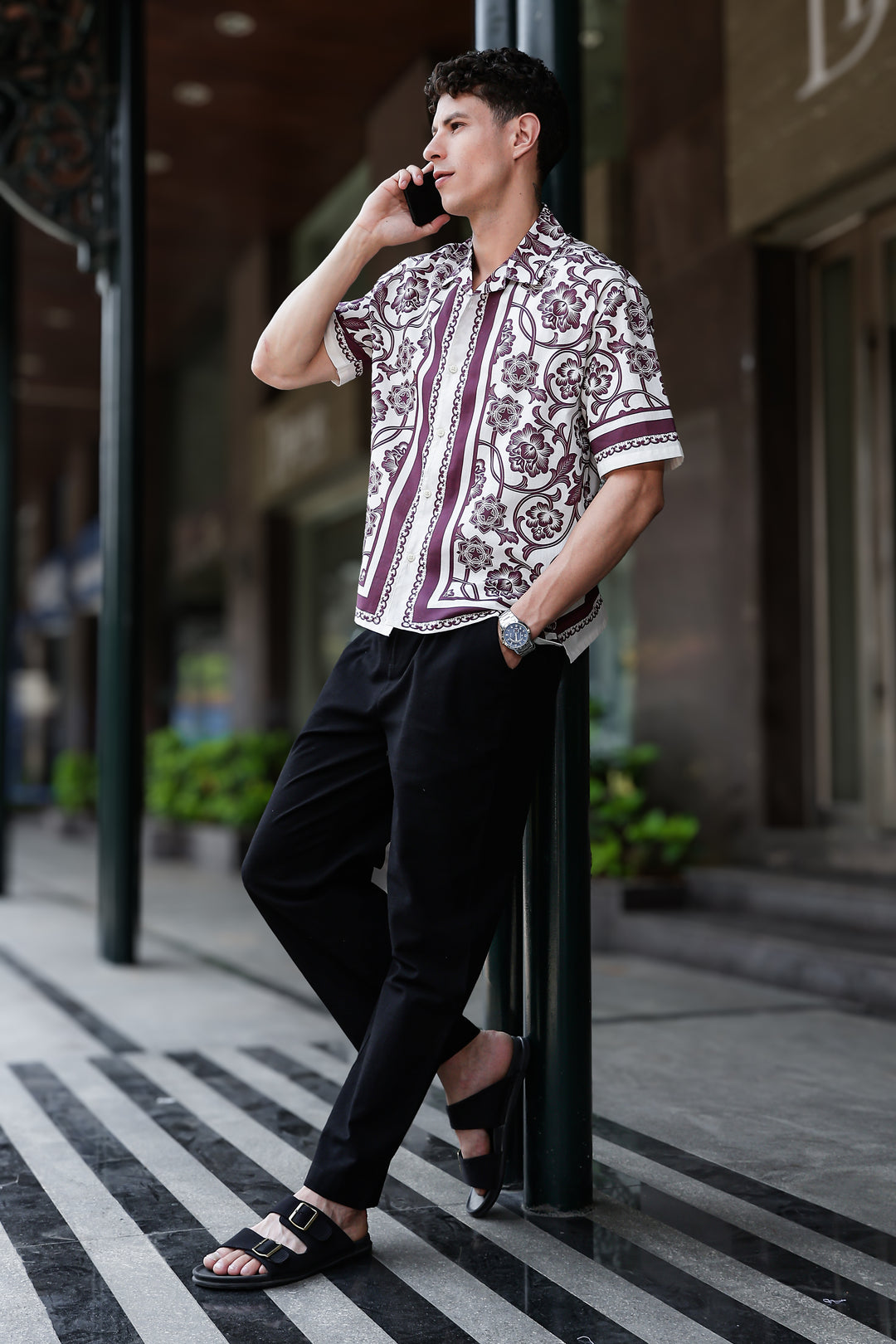 Burgundy Block Printed Linen Oversized Shirt