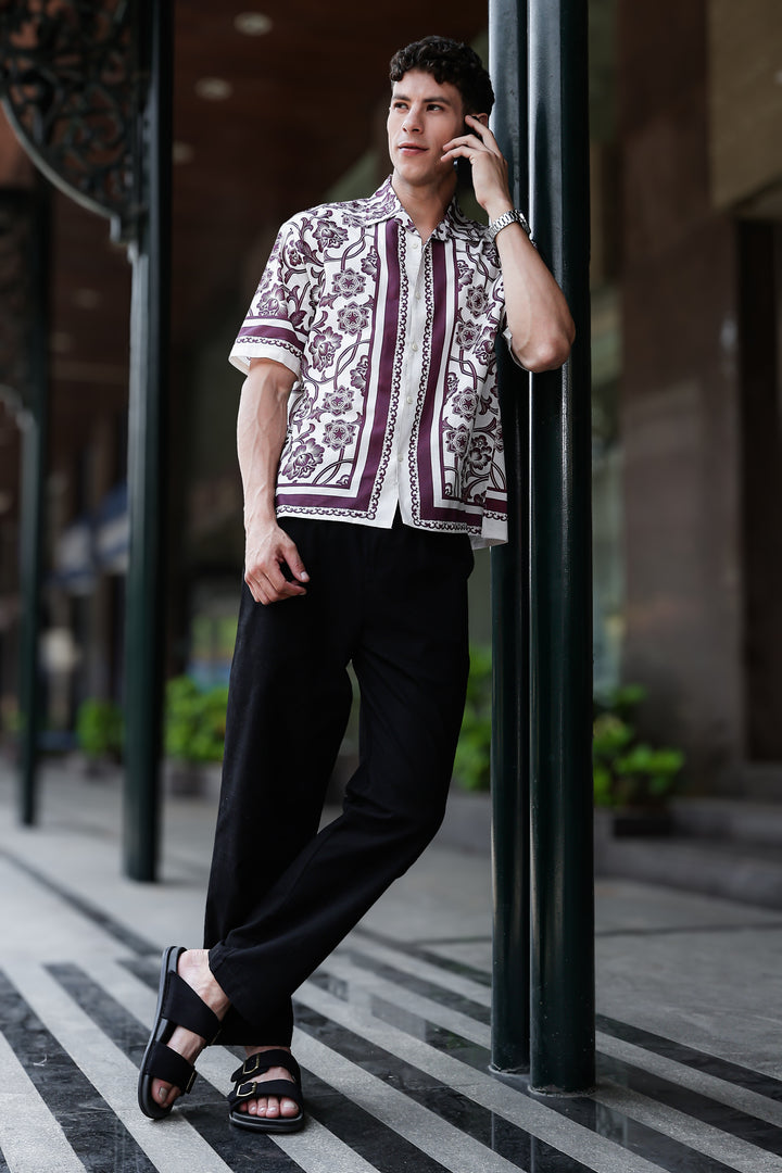 Burgundy Block Printed Linen Oversized Shirt