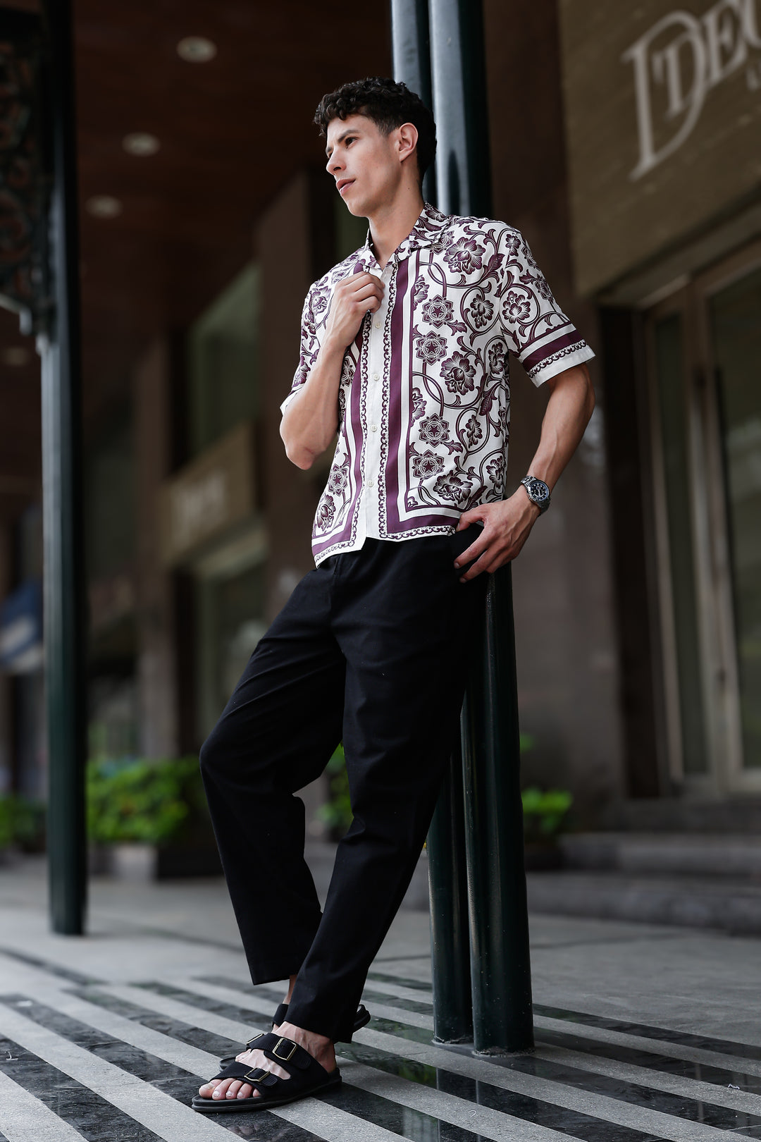 Burgundy Block Printed Linen Oversized Shirt