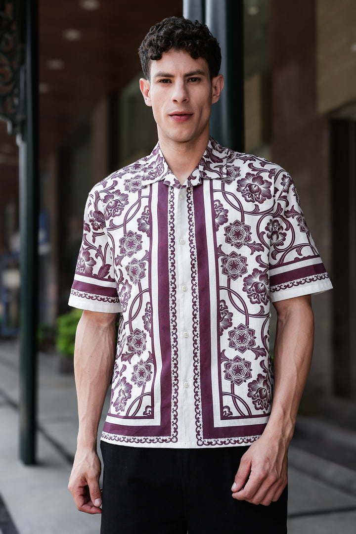 Burgundy Block Printed Linen Oversized Shirt