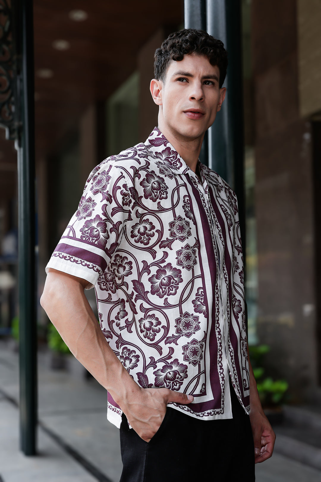 Burgundy Block Printed Linen Oversized Shirt