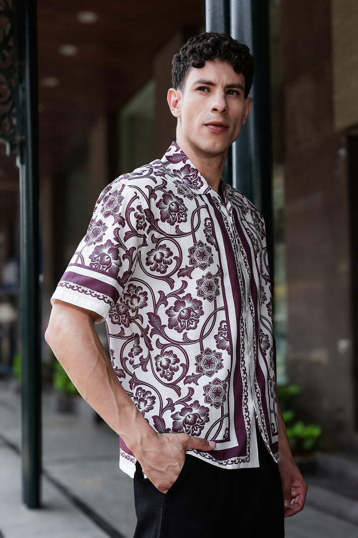 Burgundy Block Printed Linen Oversized Shirt