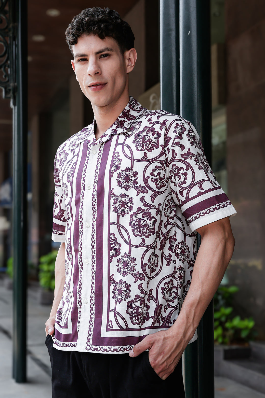 Burgundy Block Printed Linen Oversized Shirt