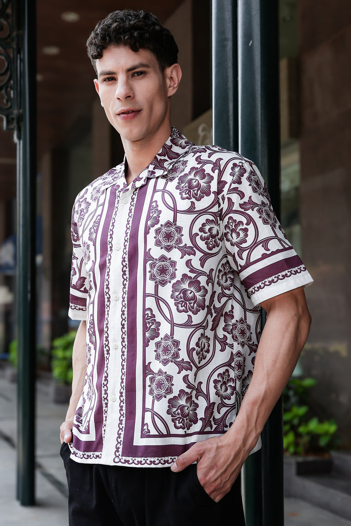 Burgundy Block Printed Linen Oversized Shirt