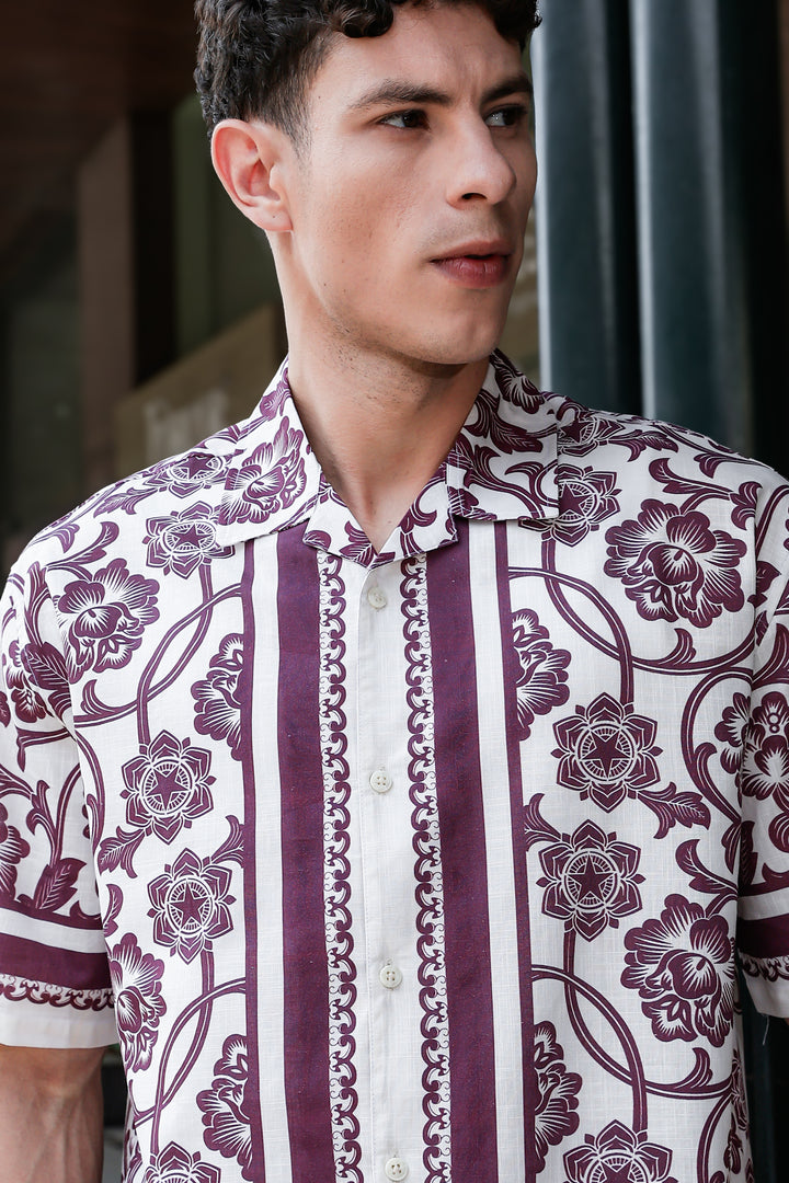 Burgundy Block Printed Linen Oversized Shirt
