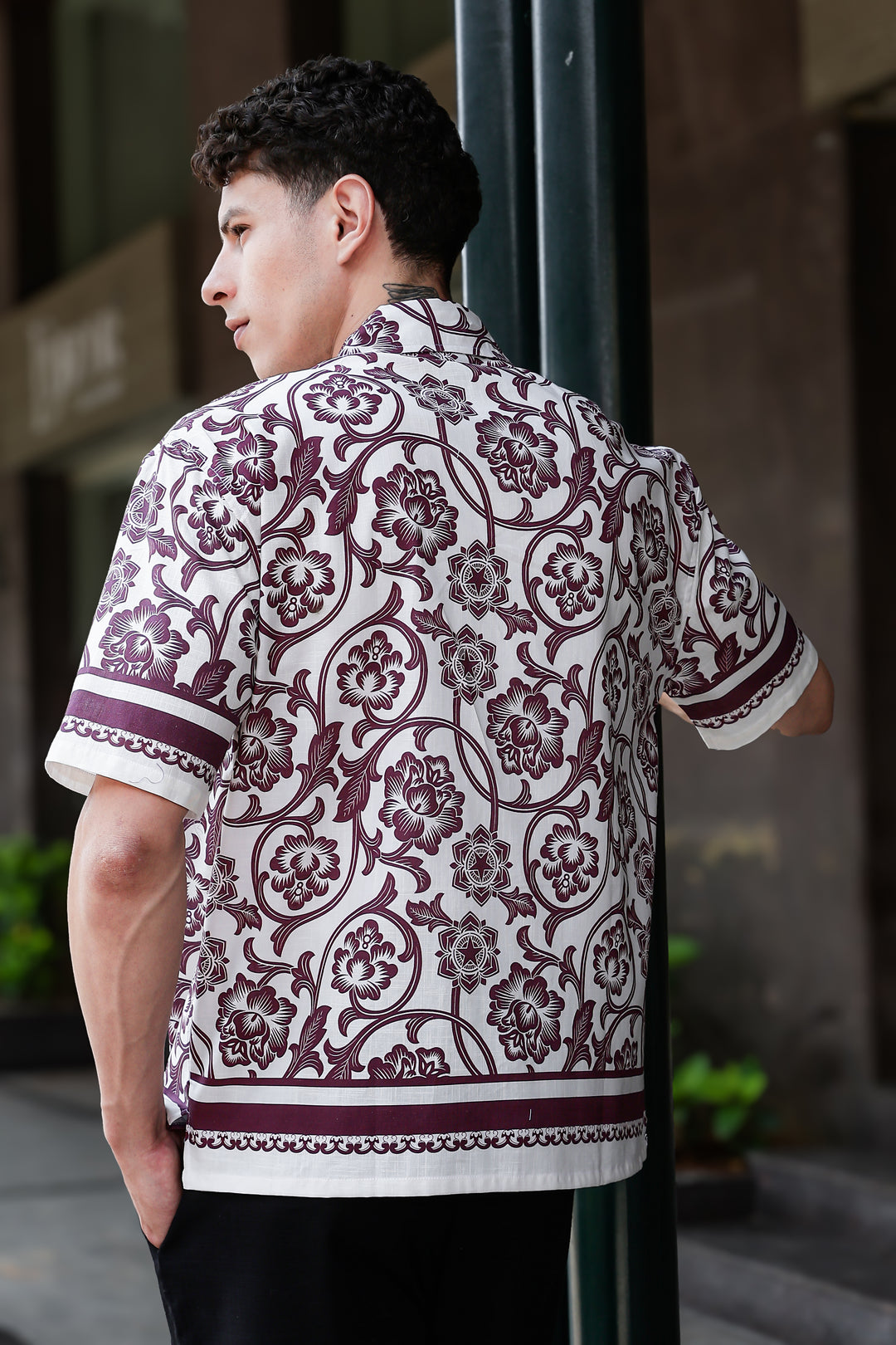 Burgundy Block Printed Linen Oversized Shirt