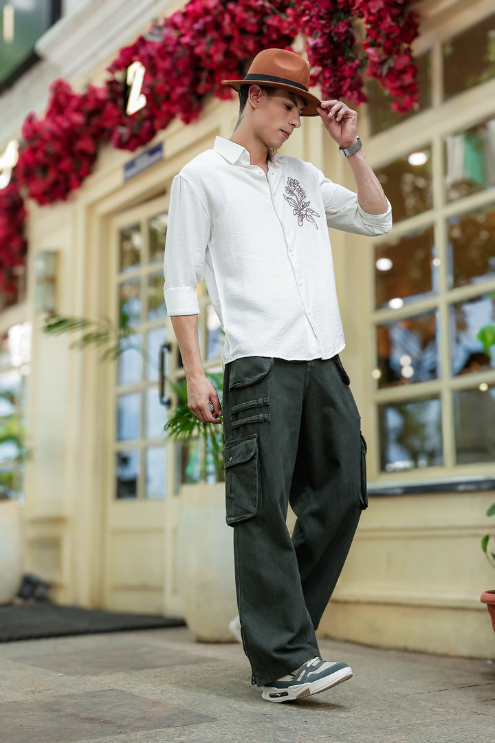 Flourish Embroidery Textured Fabric Shirt