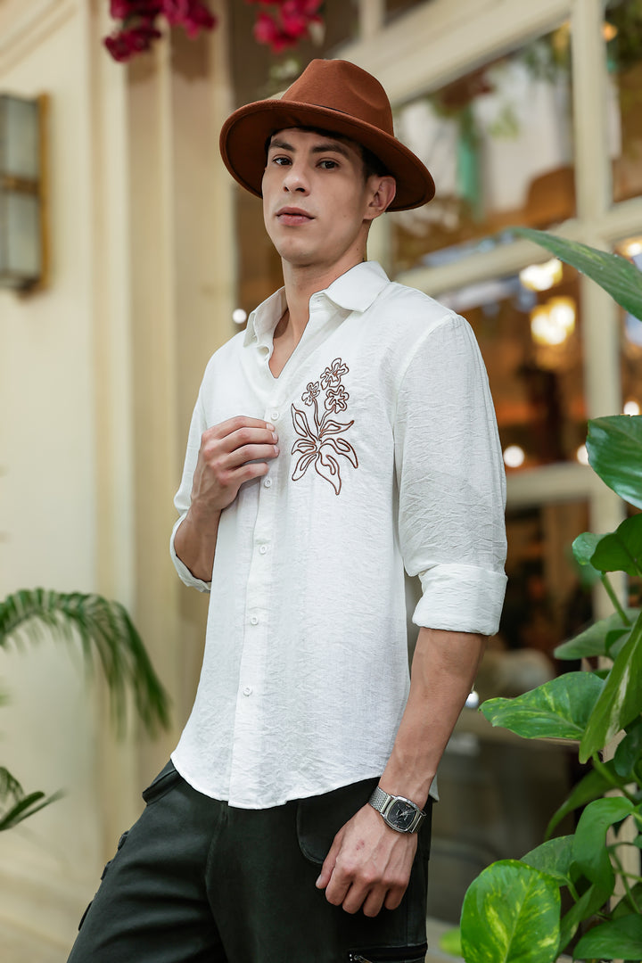 Flourish Embroidery Textured Fabric Shirt